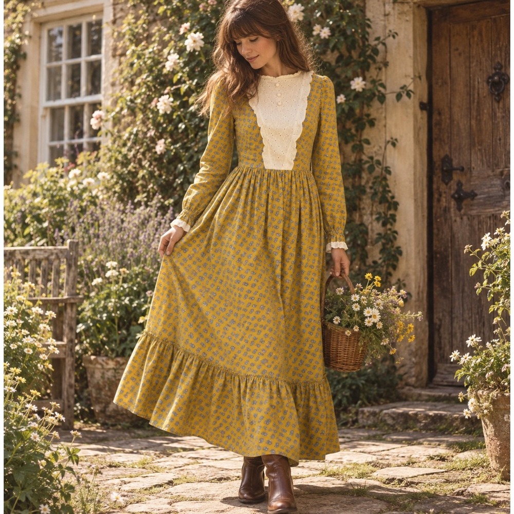 Vintage Mustard Paisley Prairie Maxi Dress Eyelet Lace Bib Ruffle S 70s Cottage